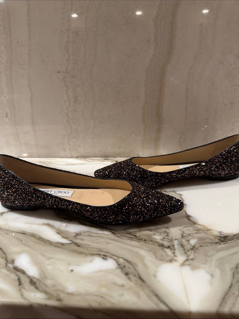 Jimmy Choo Black and Bronze Glitter Pointed-Toe Flats - Picture 7 of 10